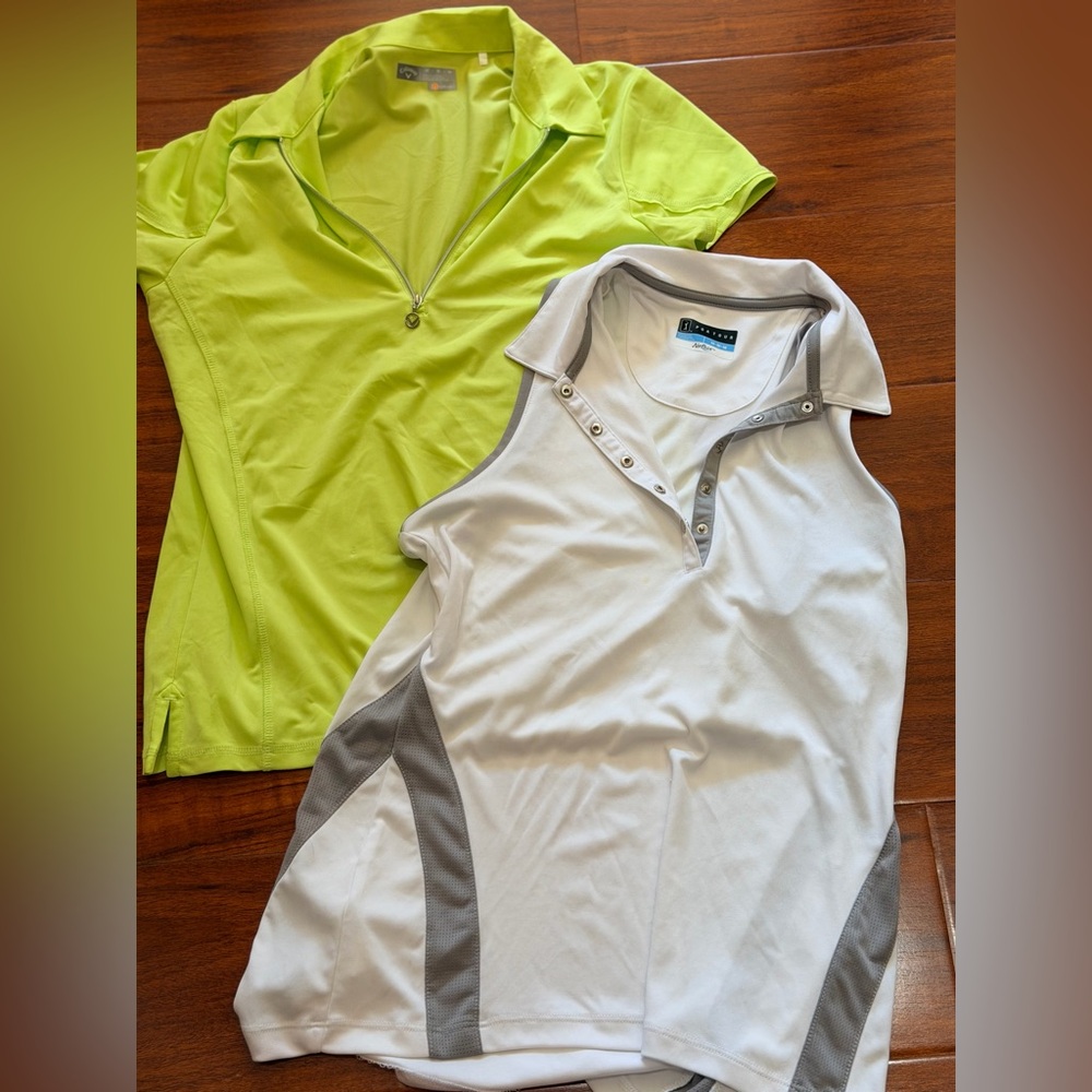 2 Women's golf Polo Shirt Set - bright green zip up shirt and white size M